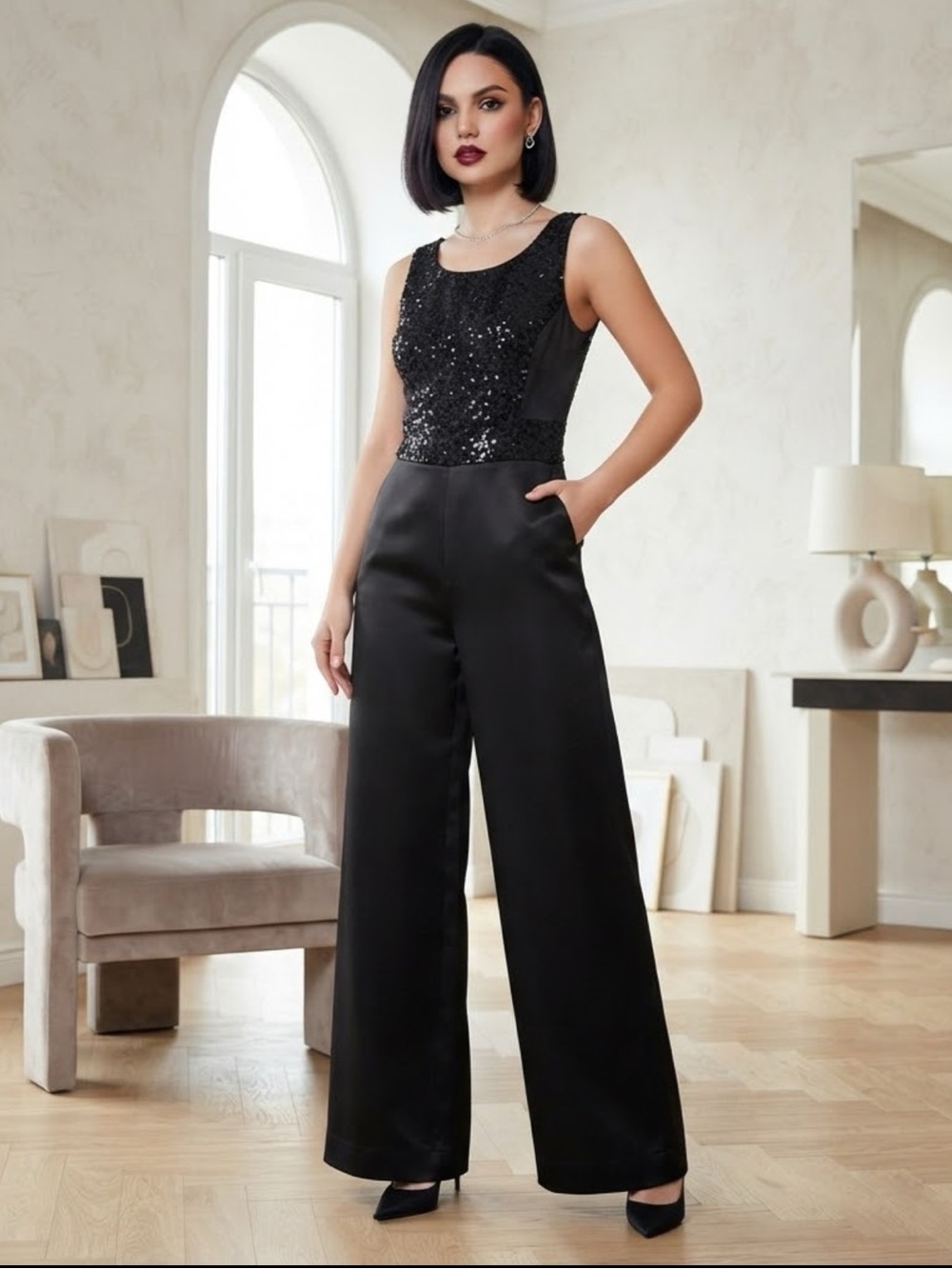 bebe Black Sequin Bodice Wide-Leg Jumpsuit